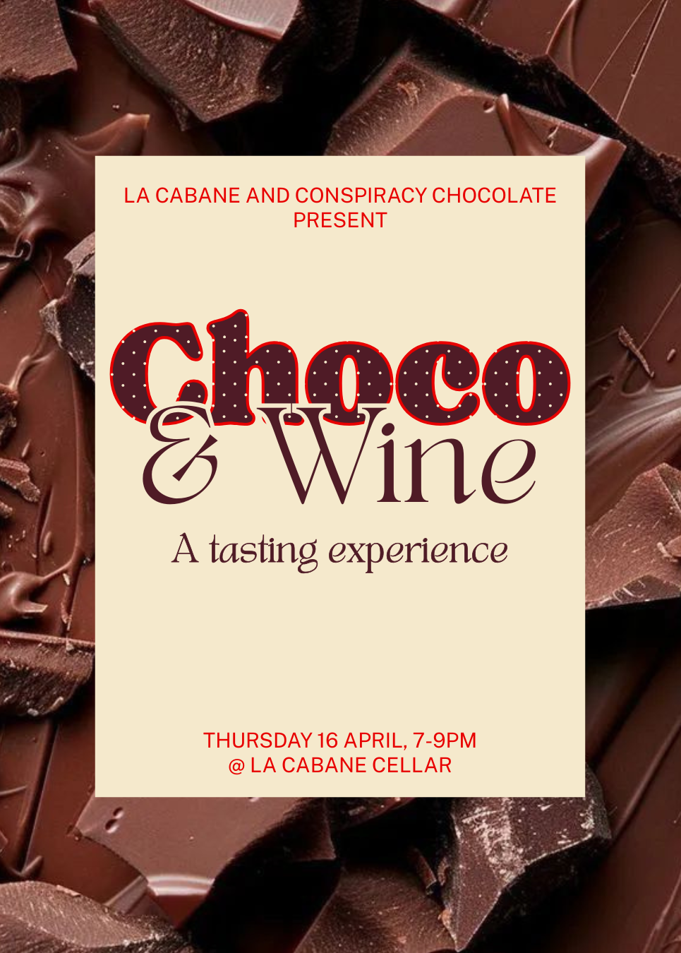 Promotional poster for 'Choco & Wine' tasting experience with chocolate background